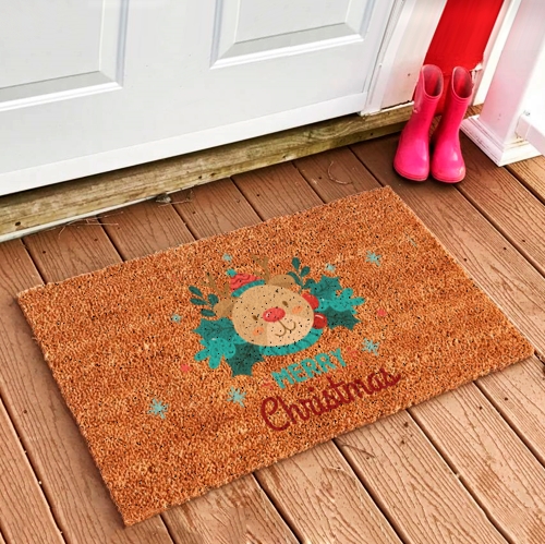felpudo fibra de coco natural feliz navidad entrada casa personalizado oso rudolf - Felpudo Osito navideño