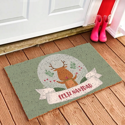 felpudo fibra de coco natural feliz navidad entrada casa personalizado reno rudolf gracioso - Felpudo Rudolf